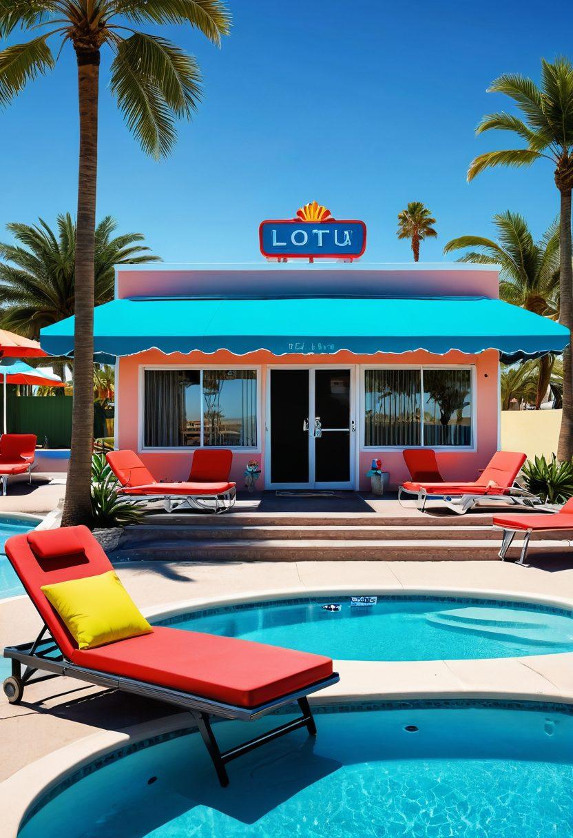 A serene beach scene featuring a stylishly decorated Lotus Motel with palm trees swaying in the breeze. Include a vibrant, colorful bikini laid out on a lounge chair next to a sparkling pool. Add refreshing tropical drinks and a clear blue sky to evoke a relaxing holiday atmosphere. Showcase the essence of leisure and summer fun. super-realistic. vibrant colors. 3D.