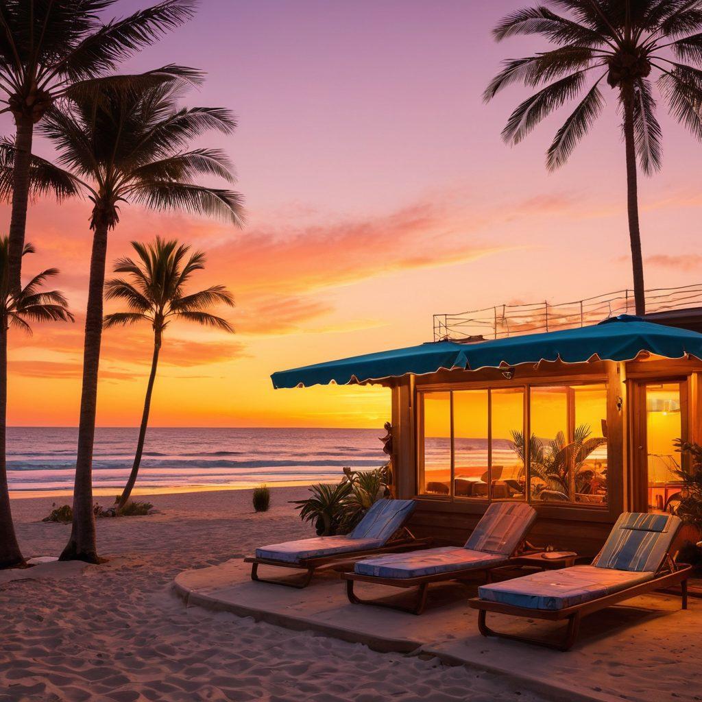 A serene beach scene featuring the Lotus Motel, nestled among palm trees, with beach loungers and a vibrant sunset in the background. Include a gentle wave lapping at the shore, surfboards propped against the motel, and a colorful cocktail on a table. Capture the essence of relaxation and escape. super-realistic. vibrant colors. golden hour lighting.