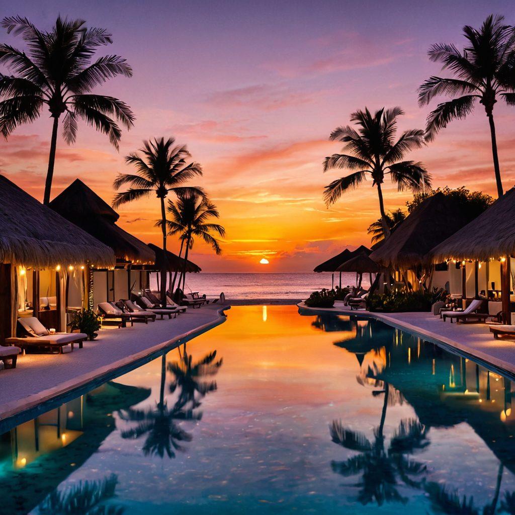 A stunning beachside resort with elegant yet budget-friendly accommodations, featuring luxurious cabanas, a crystal-clear pool, and palm trees swaying in the breeze. Include guests enjoying the sun, sipping cocktails, and a beautiful sunset in the background, evoking a sense of relaxation and paradise. The atmosphere should be inviting and vibrant, showcasing the perfect summer escape. super-realistic. vibrant colors.